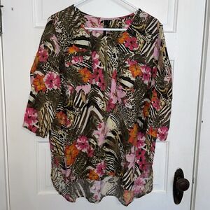 Cathy 1/4 Zip Linen Jungle Safari Print XL Top, Gold‎ Metal Details